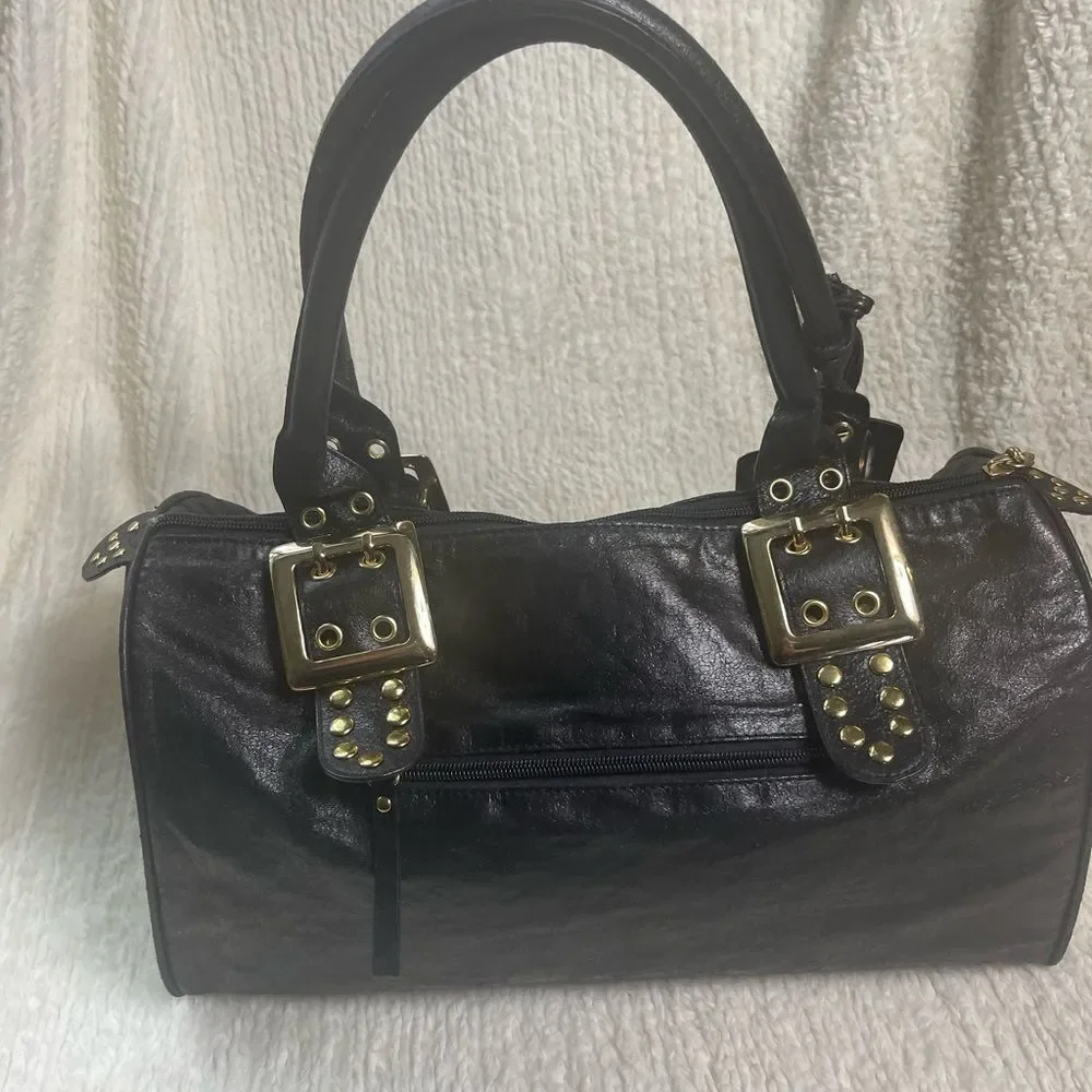 CMZ Stylish Synthetic Black Medium Satchel with Gold Studs Accents.